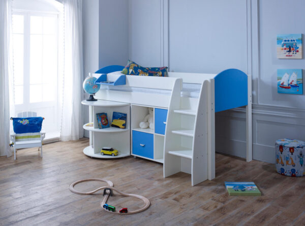 Eli blue midsleeper with desk and cube - Cabin bed for small room