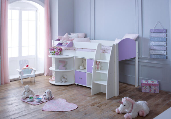 Eli lilac midsleeper with desk and cube - Cabin bed for small room