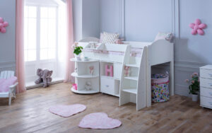 Eli white midsleeper with desk and cube - Cabin bed for small room