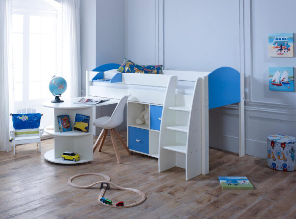 Eli White Midsleeper with Desk and Cube - Cabin bed for small room shorty cabin beds