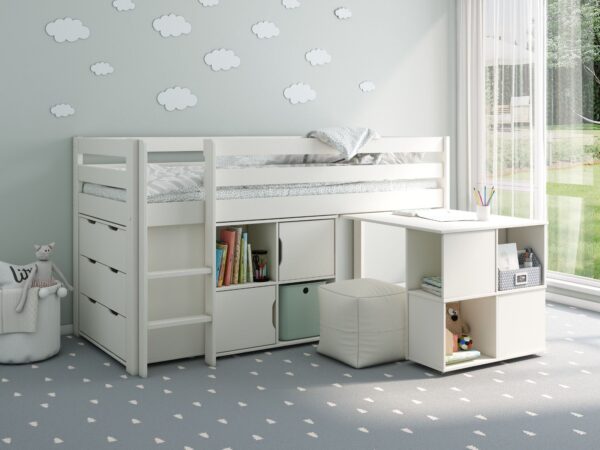 Solid white custom midsleeper with desk and 4 cube unit