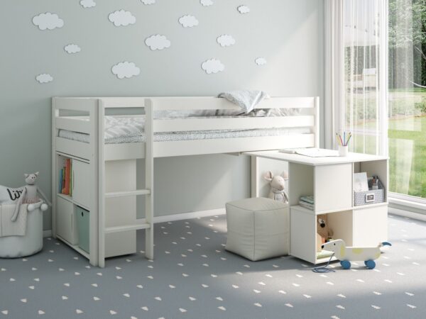 Custom white midsleeper bed with desk and 4 cube unit