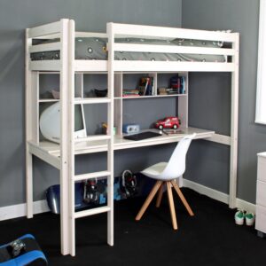 HiT Whitewash Loftbed - Frame only - Optional Full length desk - Loft bed for box room and small room