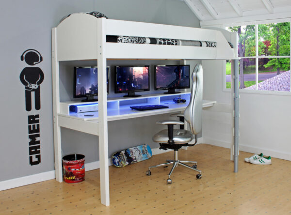 Noah white loftbed with gaming desk - Loft bed for box room and small room